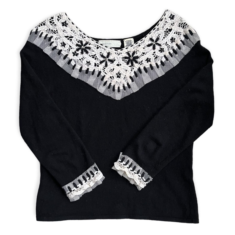 Anthropologie Sleeping on Snow Black Lambswool w/Cream Lace Detail Sweater, sz M - Picture 1 of 9